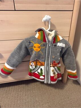Gray Knit Baby Jacket with Cream Flannel Lining